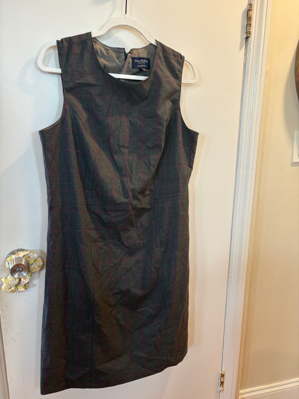 Lands End Grey Sheath Dress with Subtle Burgundy Windowpane - lined